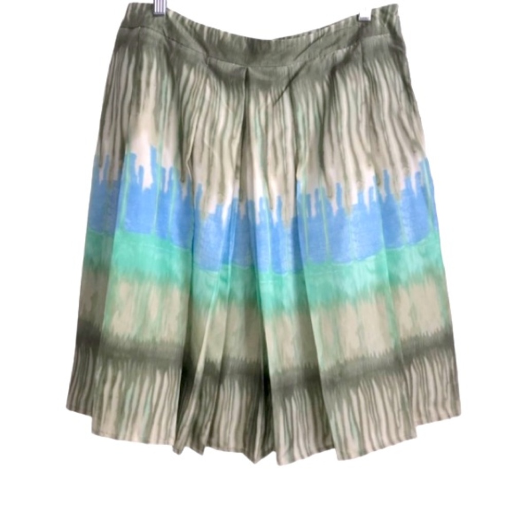 100% Silk Bandolino Women’s 12 Multi blue green drip dye pleated full skirt EUC